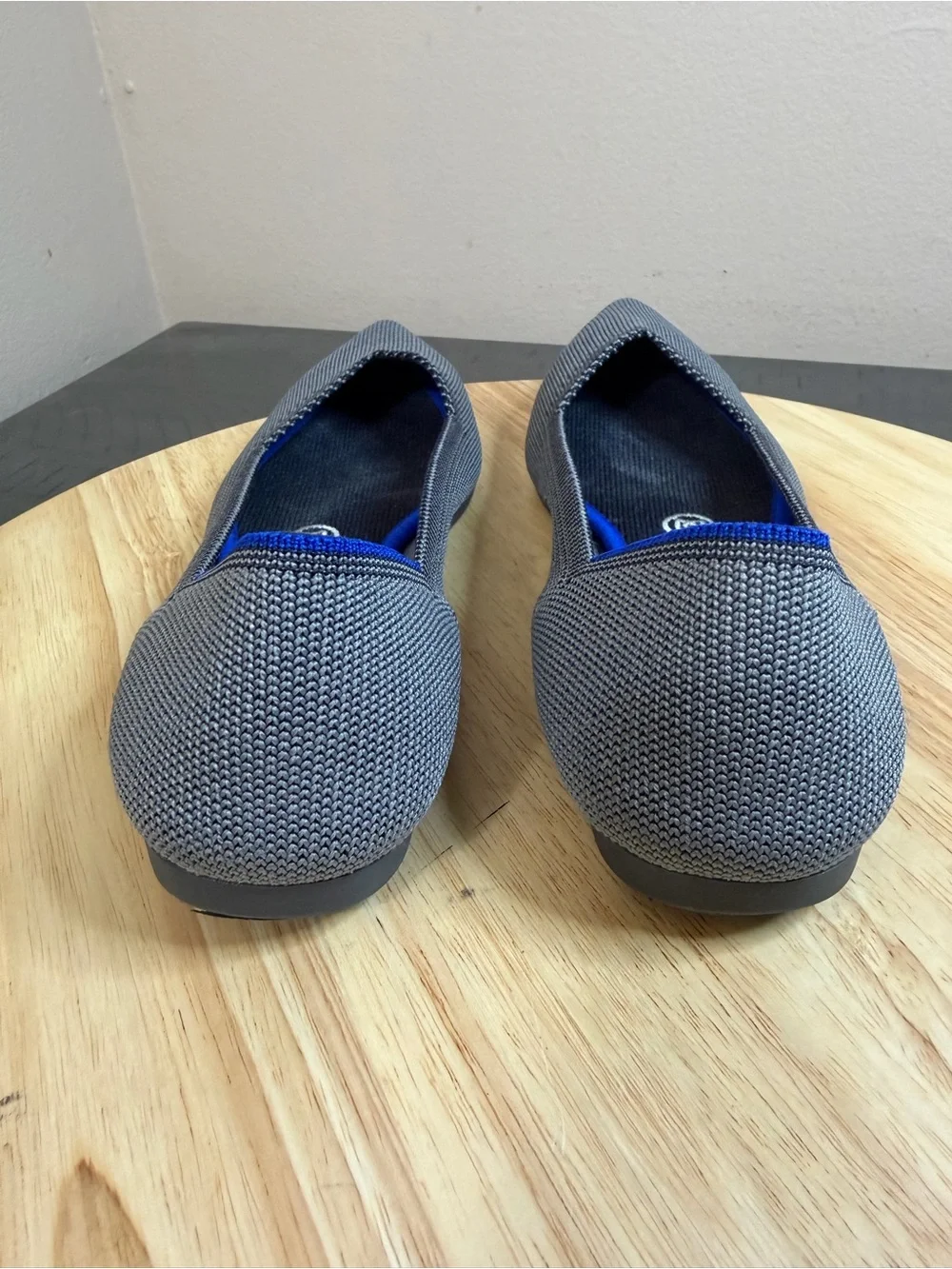 Rothy's Gray Pointed Knit Flats with Blue Trim